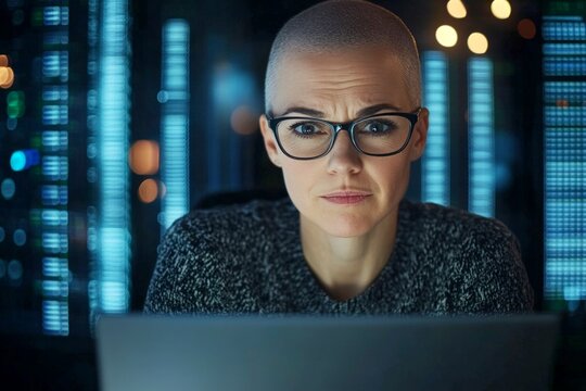 Graphs and computer text reflections in her glasses. Data analyst reviewing charts. Background is a dark room with cloud racks. Creative of female computer enthusiast, machine learning.