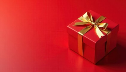 Red background, gift box with golden bow, blank card, present, isolated, ribbon