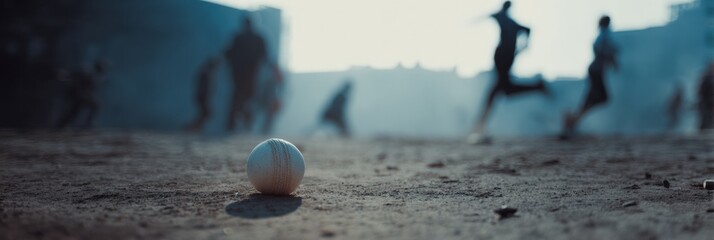Gritty City Cricket Ball on Rough Earth with Blurred Runners Capturing Grassroots Sports Revival, Teamwork, and Cultural Identity in Urban Playground