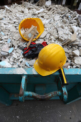 yellow helmets at work site