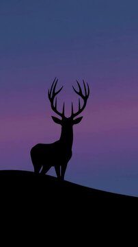Majestic Stag Silhouette at Sunset A serene nature scene featuring a majestic deer silhouette against a vibrant purple and blue sunset sky.