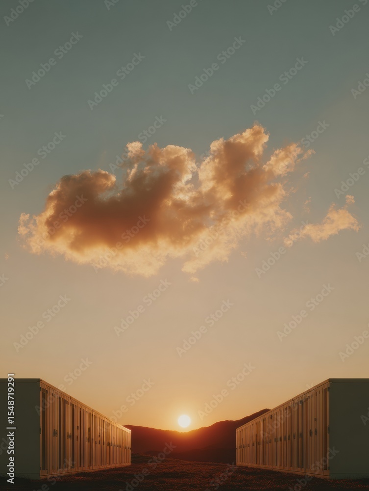 Poster Modern Data Center Exterior with Sunset and Cloudscape, Symbolizing Sustainable Edge Computing and Hybrid Cloud Connectivity for IT Infrastructure