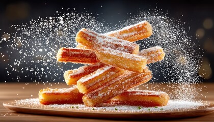 Stack of churros dusted with sugar