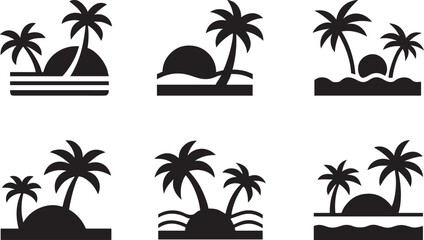 Black Tropical Island Silhouette with Palm Trees and Waves.