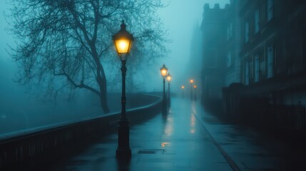 Foggy London Street Scene with Glowing Gas Lamps