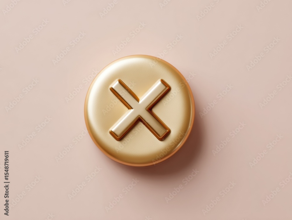 Aufkleber Glossy Gold Vote Button with X Mark on Soft Beige Background for Modern UX Design and Digital Rejection Symbol in Premium Visuals