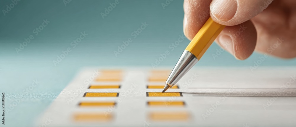 Poster modern task management concept with hand filling vote counts checklist using pen, bright orange high