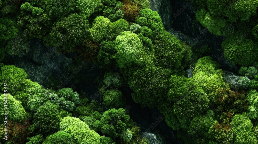 Aufkleber aerial view of dense lush green forest with varied trees cove steep mountainous terrain and deep val