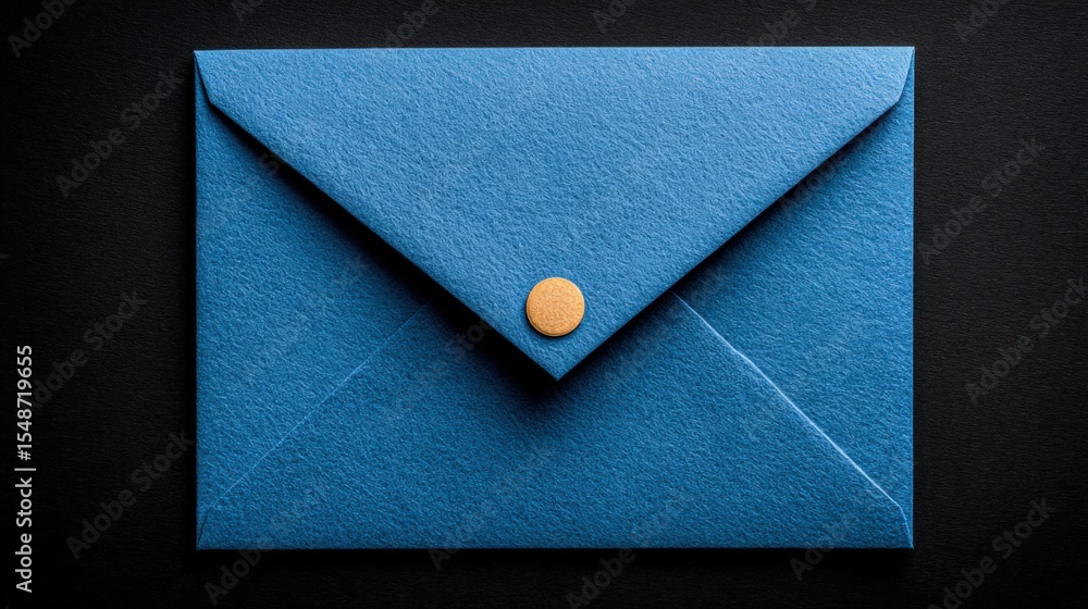 Poster blue textured envelope with a button closure on black background, concept of mailing, communication,