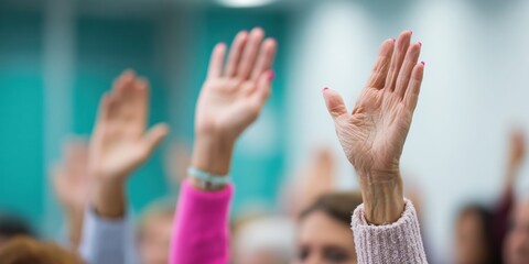 Diverse Community Members Raising Hands in Active Participation at Council Meeting for Inclusive Governance and Civic Engagement Campaigns