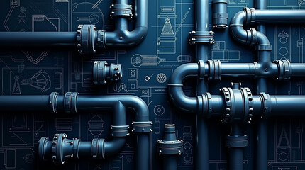 Industrial Piping System Blueprint Overlay Dark Blue Steel Pipes and Engineering Drawings