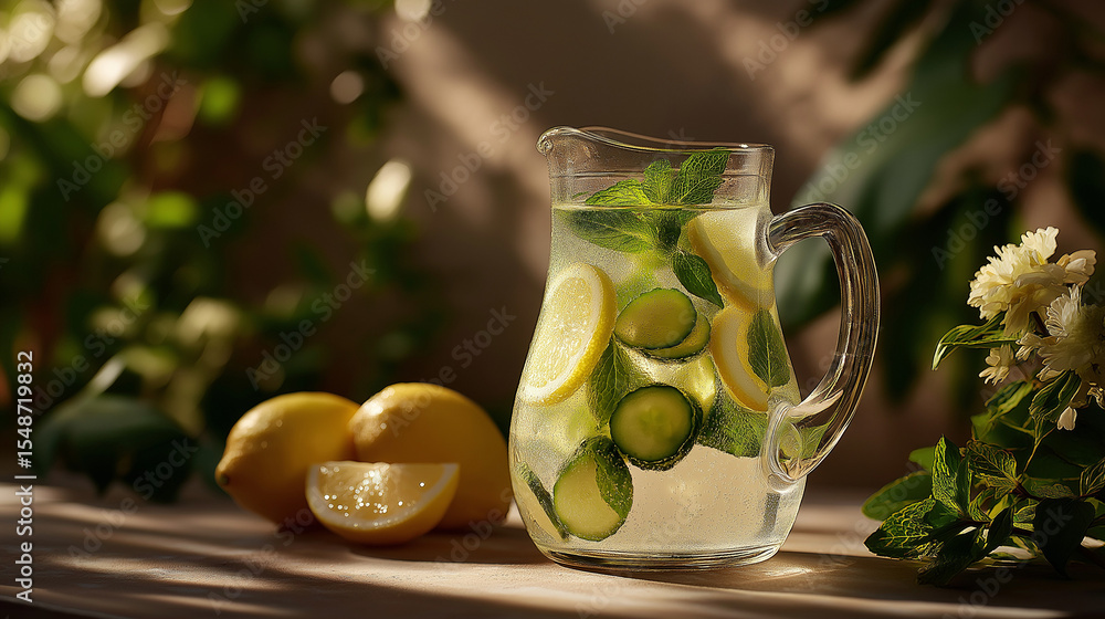 Aufkleber refreshing summer elixir: a crystal-clear pitcher overflows with a vibrant concoction of fresh ingre