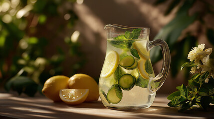  Refreshing Summer Elixir: A crystal-clear pitcher overflows with a vibrant concoction of fresh ingredients, including sliced lemons, cucumbers, and fragrant herbs.