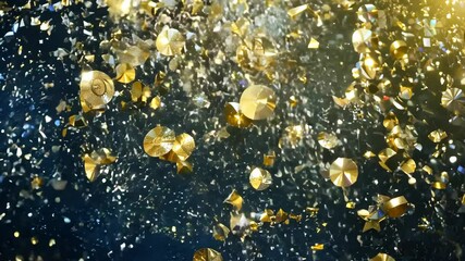 Gold glitter stars on deep blue sparkling background. Glittering sequins and shimmer for festive decoration, party celebration template video. - Powered by Adobe