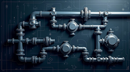 Intricate blueprint of industrial piping system with valves and connectors on dark background