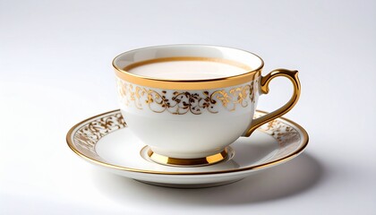 Porcelain cup of tea with milk isolated on white background
