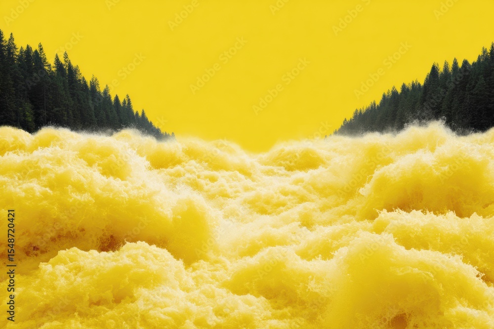 Poster flash flood turbulent muddy water overflowing forest banks with foam and debris - environmental risk