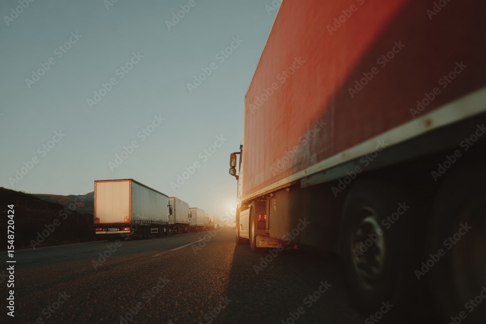 Aufkleber fleet of trucks parked in formation at sunrise on open pavement symbolizing growth and forward momen