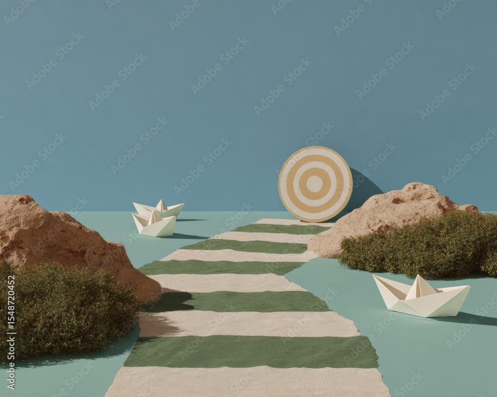 Poster Strategic Exit Path with Paper Boats and Target Symbol, Showing Alternative Routes for Business Adaptability and Smart Decision-Making in Process Improvement