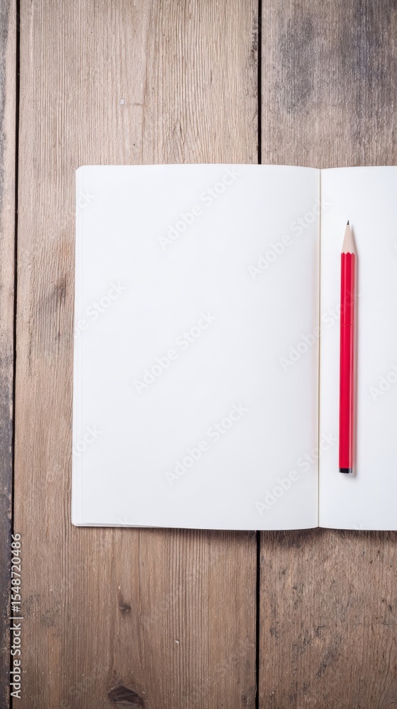 Poster open blank white notebook with a red pencil on wooden tabletop surface for sketching drawing or writ