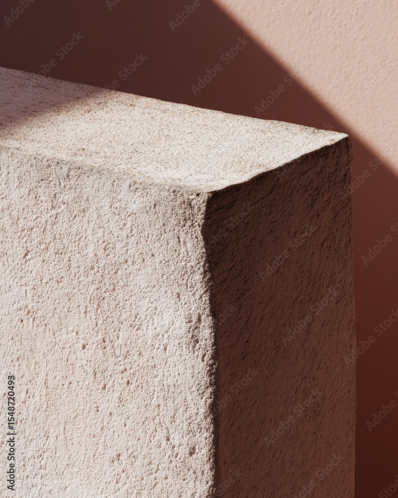 Poster Close-up of a textured concrete block with soft shadow and pink wall background highlighting rough surface and modern minimal design