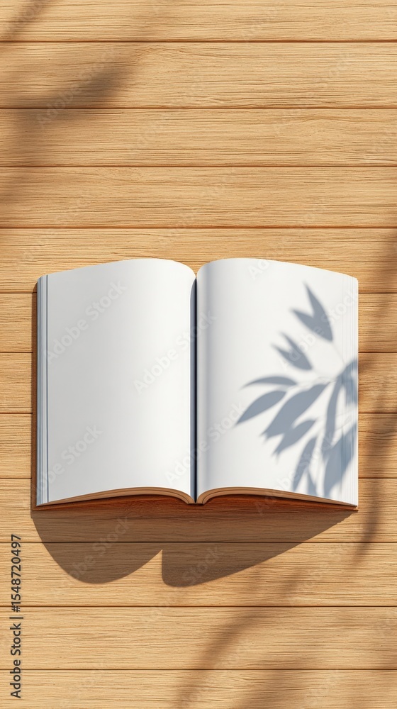 Poster open blank notebook with white pages and shadowed leaves on wooden table surface for writing, journa