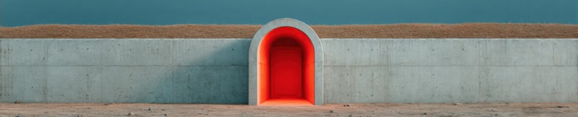 Modern Concrete Fallout Shelter Entrance with Vibrant Red Doorway Integrated into Earth for Emergency Protection and Durable Safety Infrastructure Design
