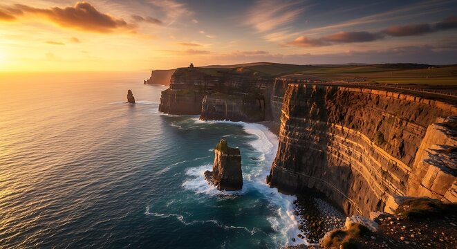 Cliffs of moher stretch along the irish coastline at sunset