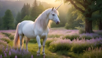 A radiant unicorn stands peacefully in a meadow filled with lavender flowers at sunrise, softly lit.