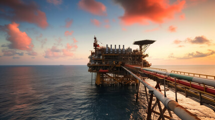 Oil rig standing strong in the ocean, sunset painting the sky. Industrial might meets nature's beauty.