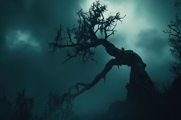 Dark Winter Tree Against Cloudy Sky with Soft Light