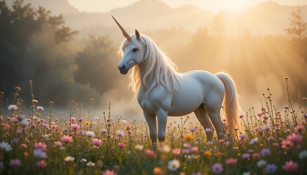 A majestic white unicorn stands gracefully in a vibrant field of flowers at golden hour light. - Powered by Adobe