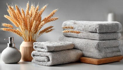 Stacked grey towels with wheat stalks