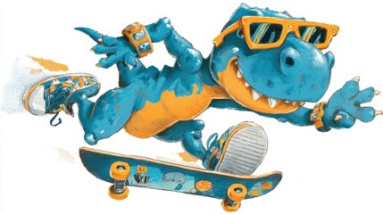 Naklejka premium Quirky Cartoon Dinosaur Skating with Cool Shades and Playful Attitude