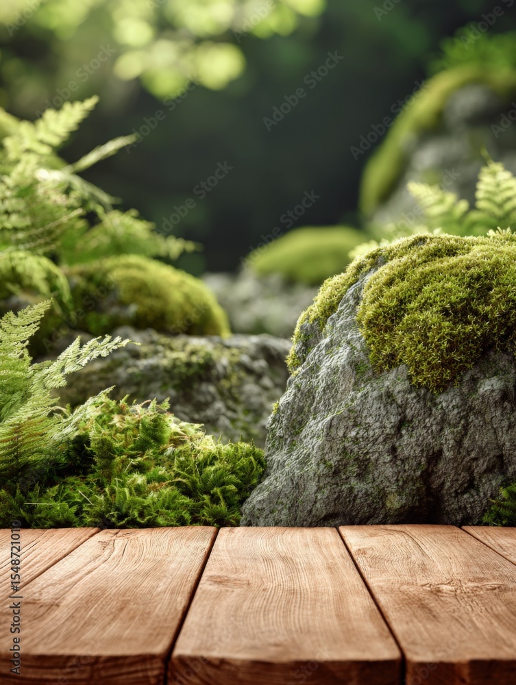 Aufkleber serene lush green moss-covered rocks and ferns in a tranquil forest scene with soft natural light an
