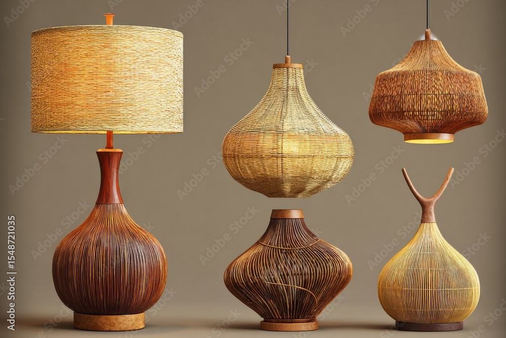 Aufkleber set of four vintage wooden and rattan table lamps with different shapes and sizes, soft warm lightin