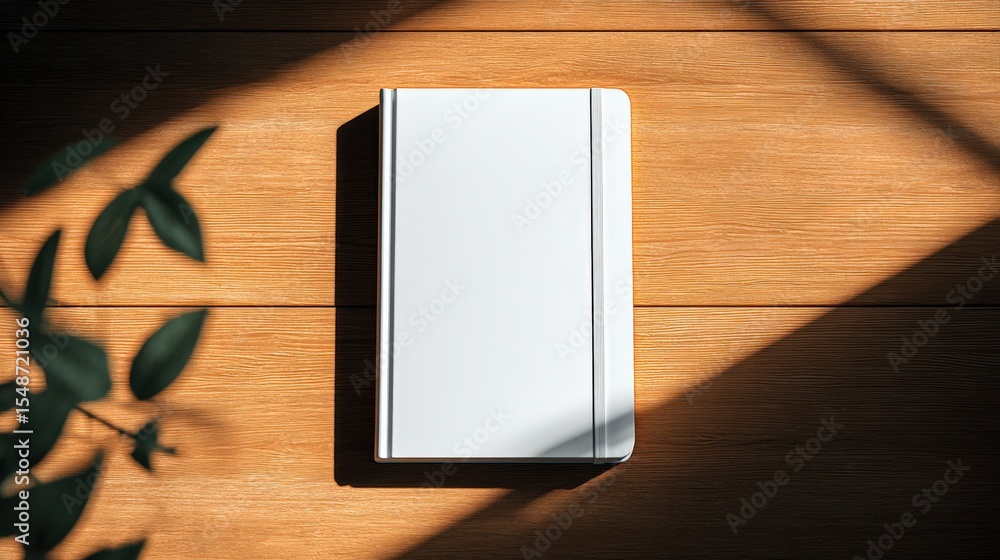 Poster minimalist white notebook with hardcover and elastic band on wooden desk with natural light shadows 