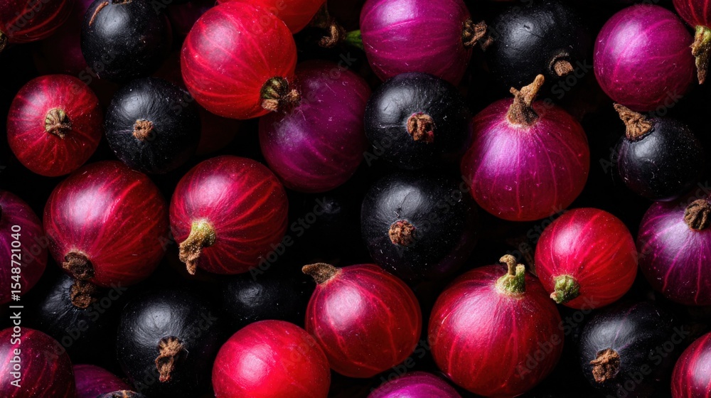 Poster Close-up of Fresh Red and Blackcurrant Berries in Various Sizes with Detailed Texture and Natural Light Showing True Color and Shine