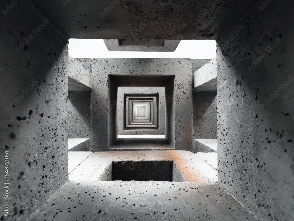 Poster Abstract geometric concrete structure with square openings creating a tunnel effect and a sense of depth and perspective in a monochrome setting