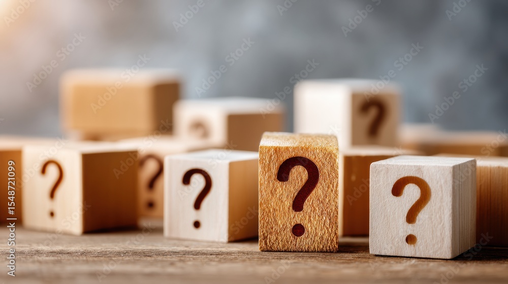 Aufkleber Clear Completion Mark Check Among Wooden Question Mark Cubes Symbolizing Clarity and Problem Solving in Education and Quiz Marketing