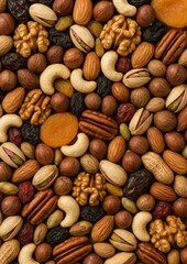 Nuts and dried fruits in a colorful top view composition, perfect for health food, vegan lifestyle, and natural diet campaigns. Ideal for World Vegan Day and healthy eating promotions.

