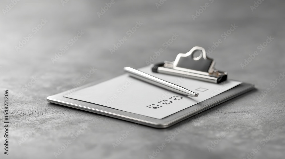 Aufkleber Minimalist Clipboard with Completed Checklist and Pen on Concrete Surface for Organized Workflow and Task Management in Modern Professional Settings