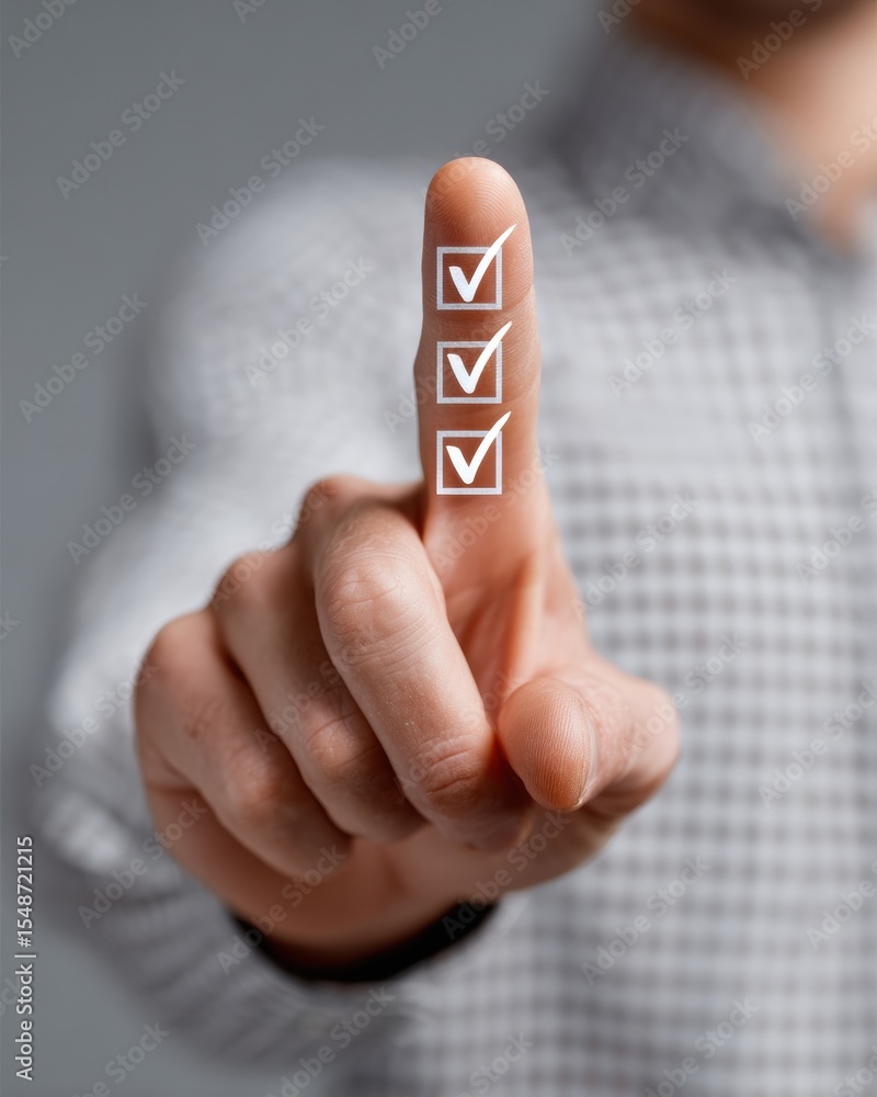 Aufkleber Businessman Touching Digital Progress Checklist with Check Marks and Loading Bar - Modern Tech Interface for Project Management and Strategy Tracking
