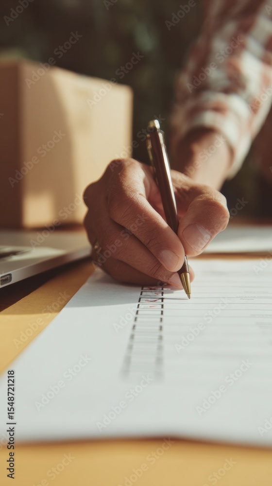 Poster executive hand checking digital task list with pen at desk featuring laptop and office supplies - bu