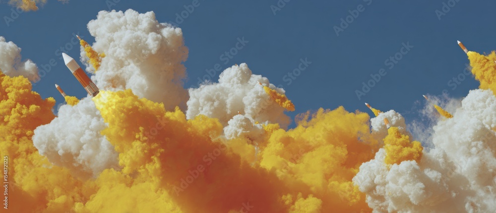 Poster futuristic commercial rocket deploying mini-satellites in low earth orbit with vibrant clouds and oc