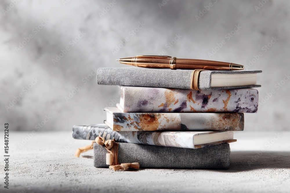 Poster stack of various hardback and paperback books with textured covers and marbled pages on gray surface