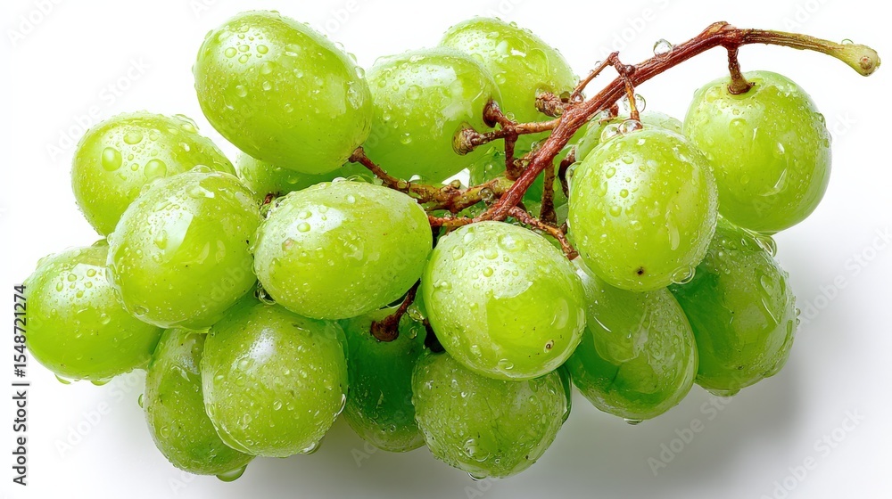 Aufkleber fresh green grape cluster with water droplets on smooth skin and thin stems isolated on white backgr