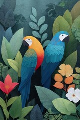Two parrots in a lush jungle scene