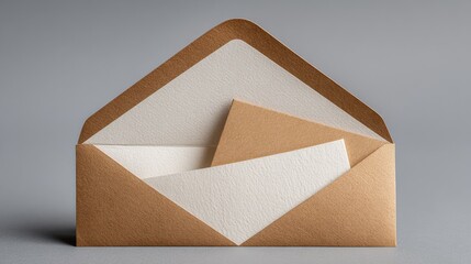 Elegant open brown and white envelope with blank card inside on gray background for greeting or invitation purpose
