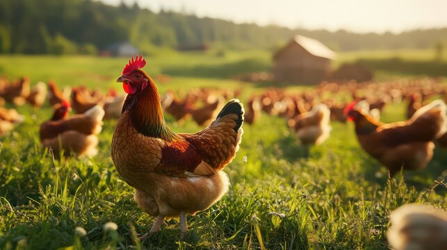 Majestic Rooster Stands Proudly in a Lush Green Field with Chickens at Sunset